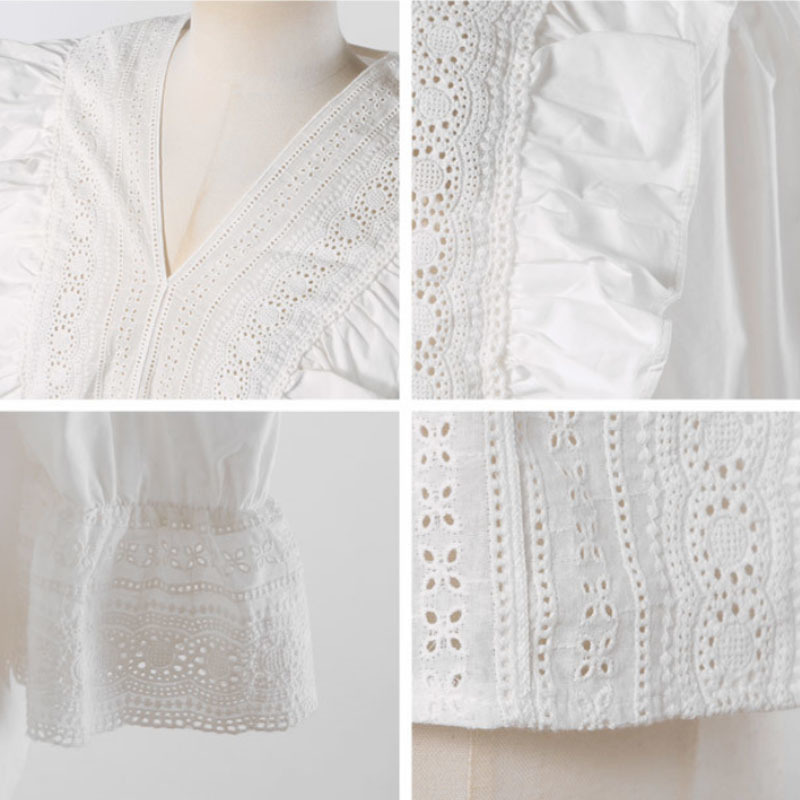 Korean Retro Elegant Blouses Short Sleeve Women's Shirts White Shirt for Women Cotton Hollow Out Beautiful 13500 210427