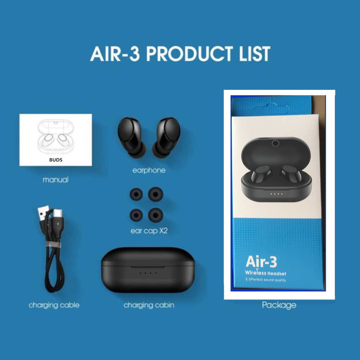 Air-3 Buds TWS Wireless Bluetooth Earphones Noise Cancelling Headset HiFi 3D Stereo Sound Music In-ear Earbuds for All Smart Phone Headphone, Black
Air-3 Buds TWS Wireless Bluetooth Earphones Noise Cancelling Headset HiFi 3D Stereo Sound Music In-ear Earbuds for All Smart Phone Headphone, Black