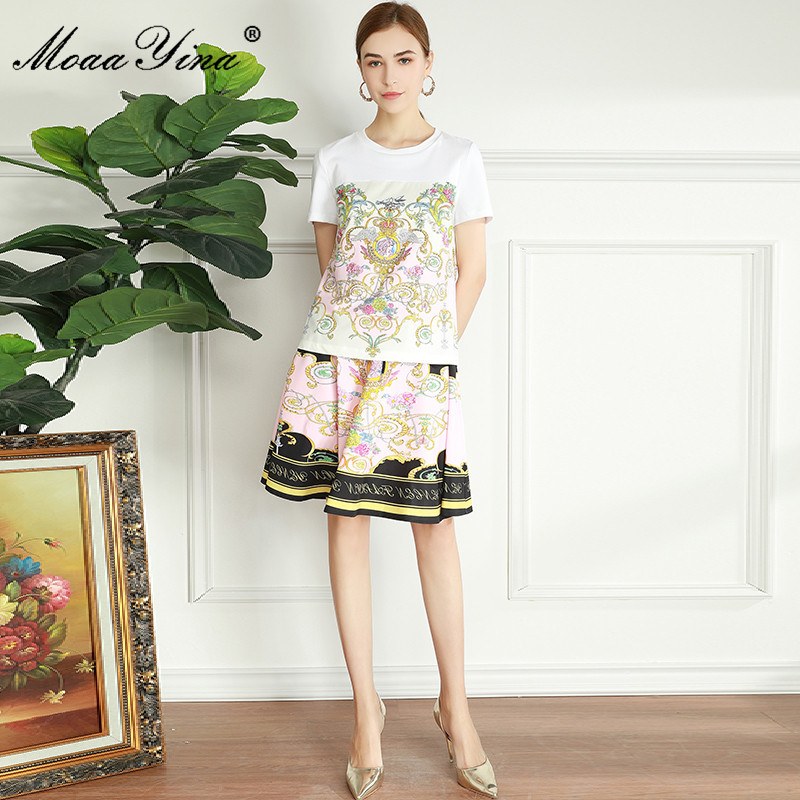 Fashion Runway Summer Casual Print Skirt Suit Women's Short Sleeve White Top+High waist Mini 2 Piece 210524