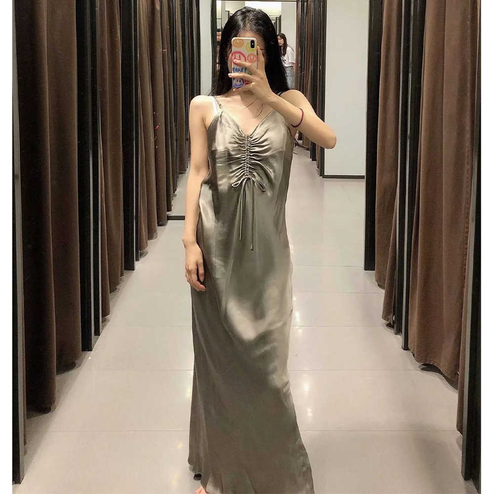 Women Dress Camisole Gathered V-neck Midi Dress Satin Thin Strap elegant Femme Robe Ropa Mujer Vestidos 210709