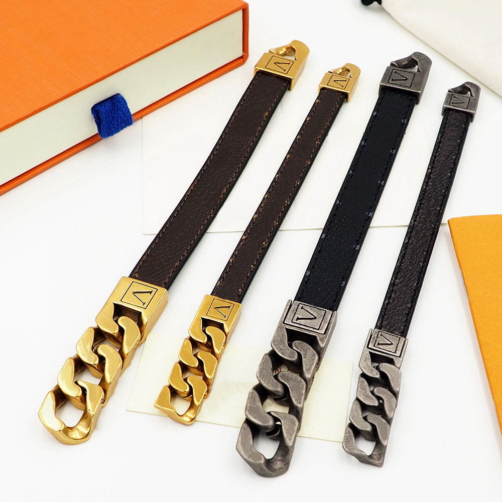 Fashion Men Stainless Steel Bracelets Leather Double-Sided Design Chain Bracelet Hip Hop Jewelry 17/19 CM With Box