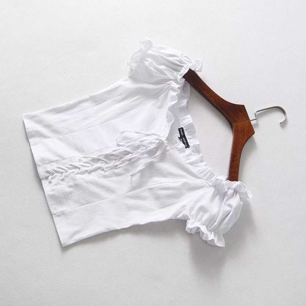 Kawaii Korean Style Summer T Shirt Women Square Neck Mesh Top Lace Up Ruffle Tshirt White Elegant Sexy Boho Streetwear UW8 210603