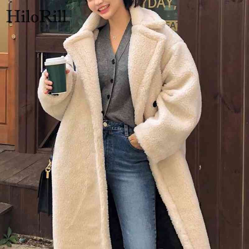 Winter Women Solid Lamb Fur Coat Long Sleeve Casual Fleece Jacket Turn Down Collar Teddy Outerwear 210508