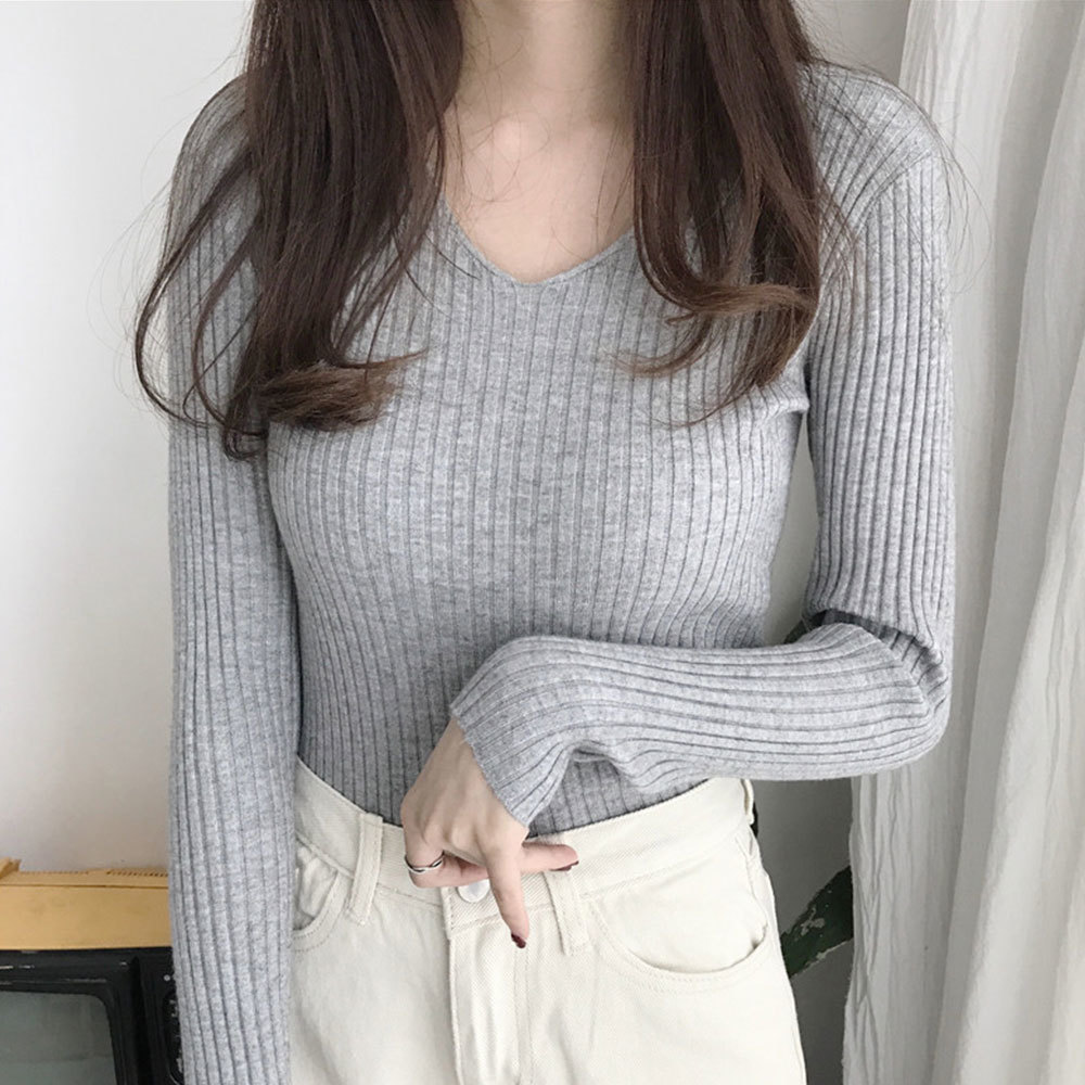 Korean V Neck Knit Sweater Women Knitted Ribbed Pullover Long Sleeve Slim Jumper Soft Warm Pull Femme 210428