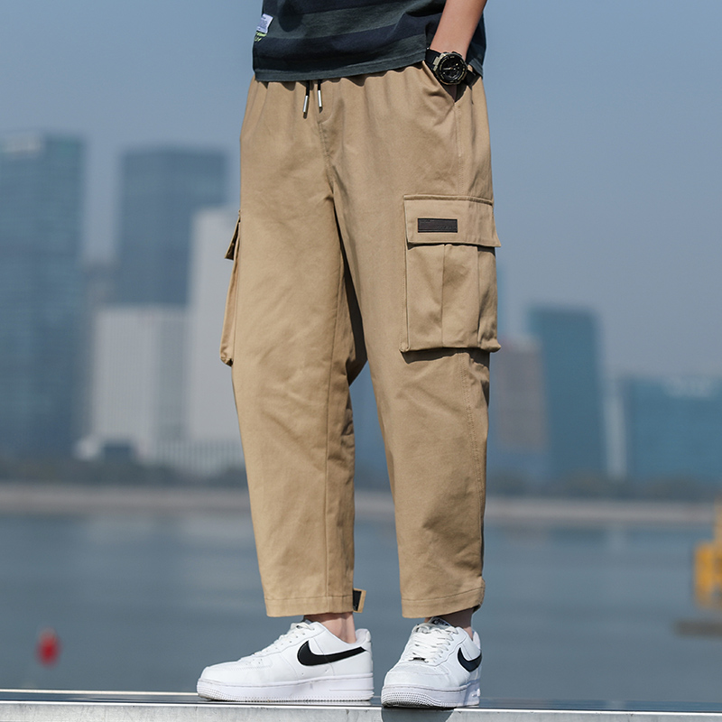 Khaki Pants Men Straight Fit Pockets Wide Leg Solid Color Cargo Pants Work Trousers Male Mens Hip Hop Clothing