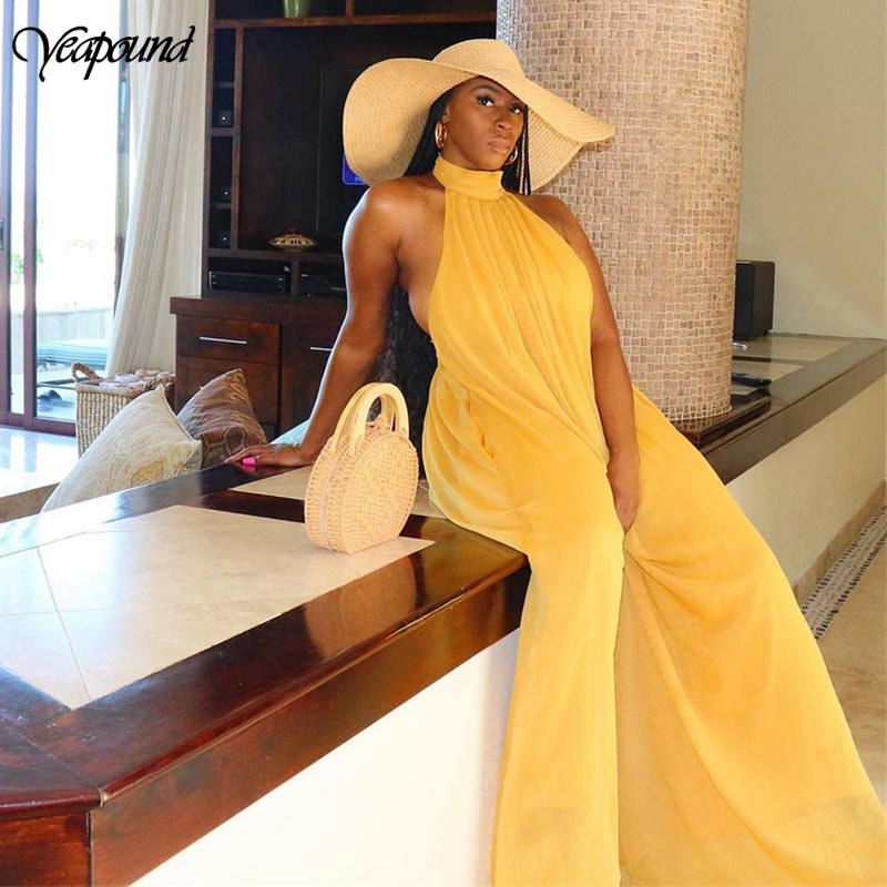 Elegant Holiday Chiffon Jumpsuits Halter Sleeveless High Waist Women Wide Leg Playsuit Open Back Pleated Rompers, Light blue
Elegant Holiday Chiffon Jumpsuits Halter Sleeveless High Waist Women Wide Leg Playsuit Open Back Pleated Rompers, Light blue
