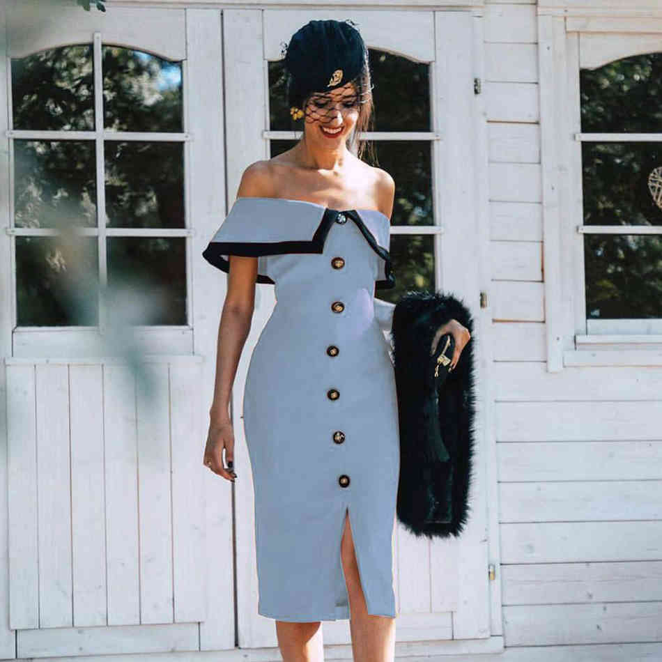 Summer Women Off Shoulder Midi Club Bandage Dress Sexy Buttons Blue Bodycon Celebrity Evening Runway Party 210423