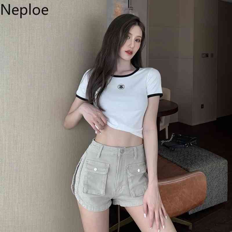 Neploe Denim Shorts Women Summer Vintage Big Pocket Solid Short Jeans Cargo Pants Korean Casual High Waist Baggy Jeans Overall 210422