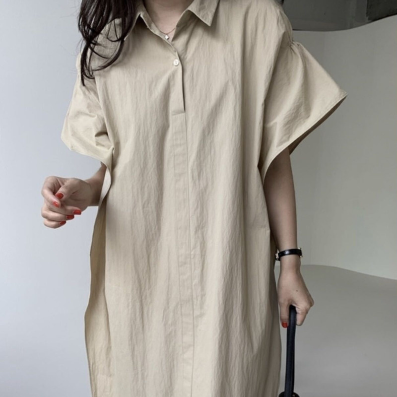 Casual Midi Dress Loose Short Sleeve Polo Collar Temperament Fit Fashion Summer Women's 2P1653 210526