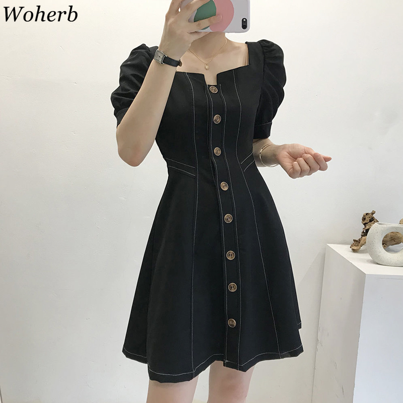 Vestidos De Mujer Square Collar Korean Chic Robe Summer Elegant A Line Dress High Waist White Woman Dresses 4j616 210519