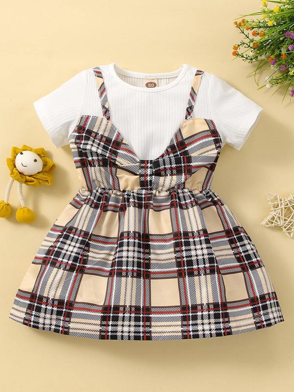 Baby Solid Tee & Plaid Print Cami Dress SHE
