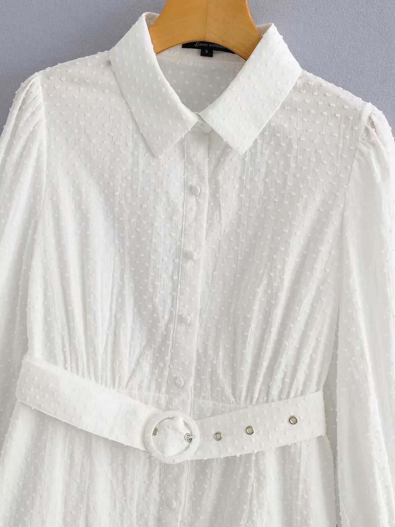 Women Lapel Long Sleeve White Dress with Belt Vintage Loose Single Breasted Stitching Chic Female Dresses Mujer 210507