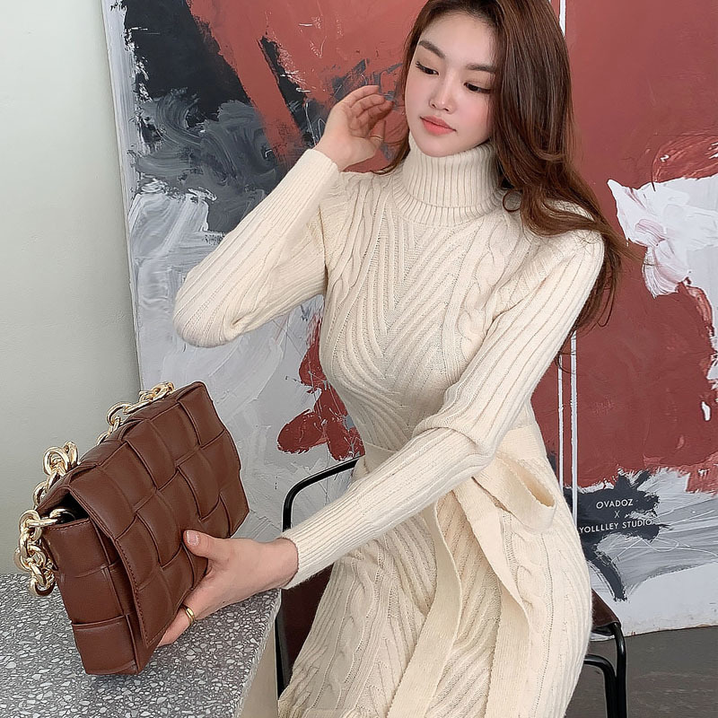 Dress Women Winter Sweater Knit Turtleneck Warm Long Sleeve Knee Length Bodycon Fashion Elegant Autumn Casual es 210506