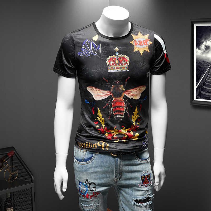 Crown Bee Print T Shirt Men Short Sleeve Summer Casual T-Shirt Breathable Tee Tops Streetwear T Shirt Male Clothes 7XL 210527