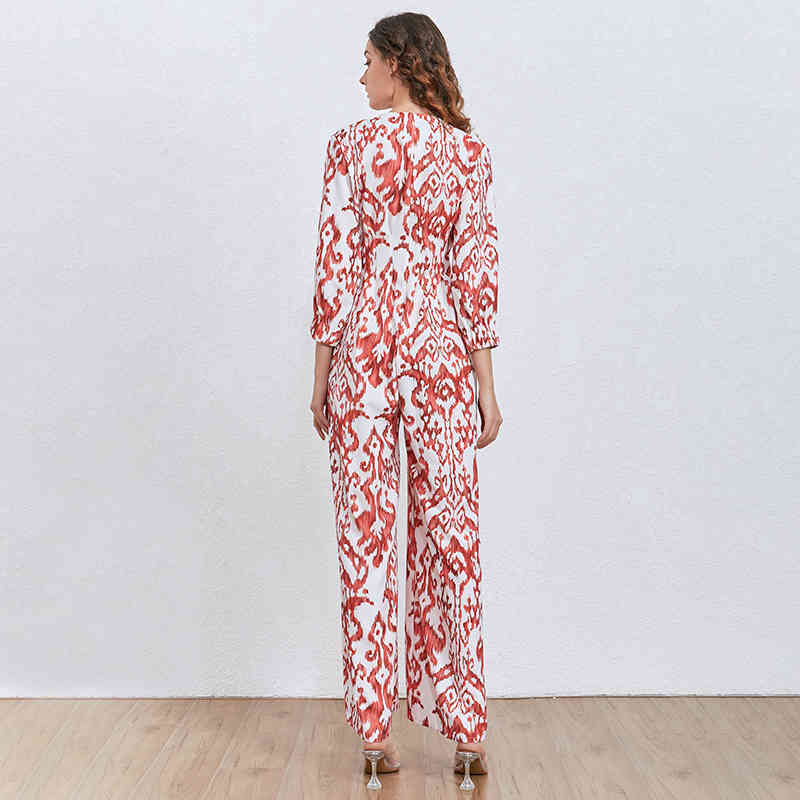 Casual Printed Jumpsuit Female Long Sleeve High Waist Wide Leg Jumpsuits Women Fashion Clothes Spring 210521