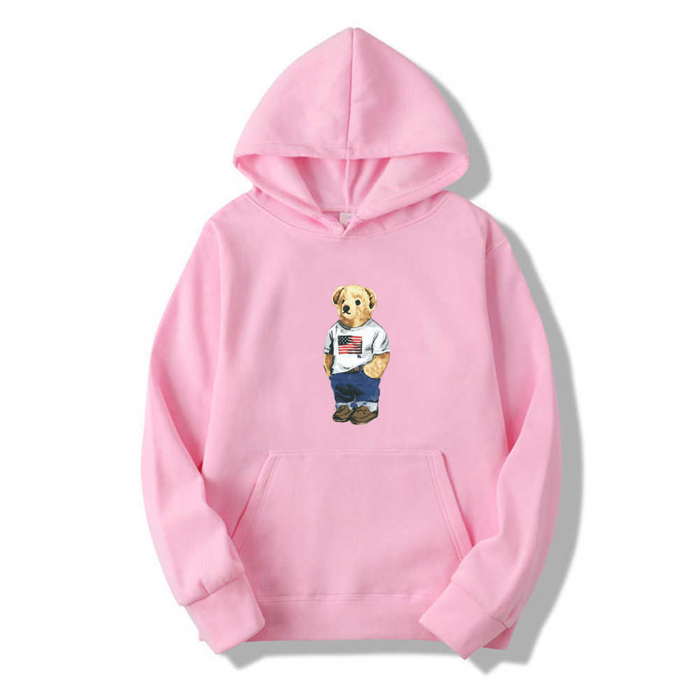 Hoodie Solid Color Printing Cute Bear Casual Loose Exercise Daily Trend Fashion Lovers Sweatshirt Top 210813