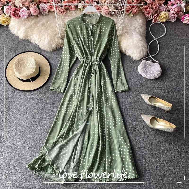 LoveFlowerLife Spring Autumn Vintage Polka Dot Floral Print Skim Dress Stand Collar Full Mid Calf High Waist Women Dresses 210521