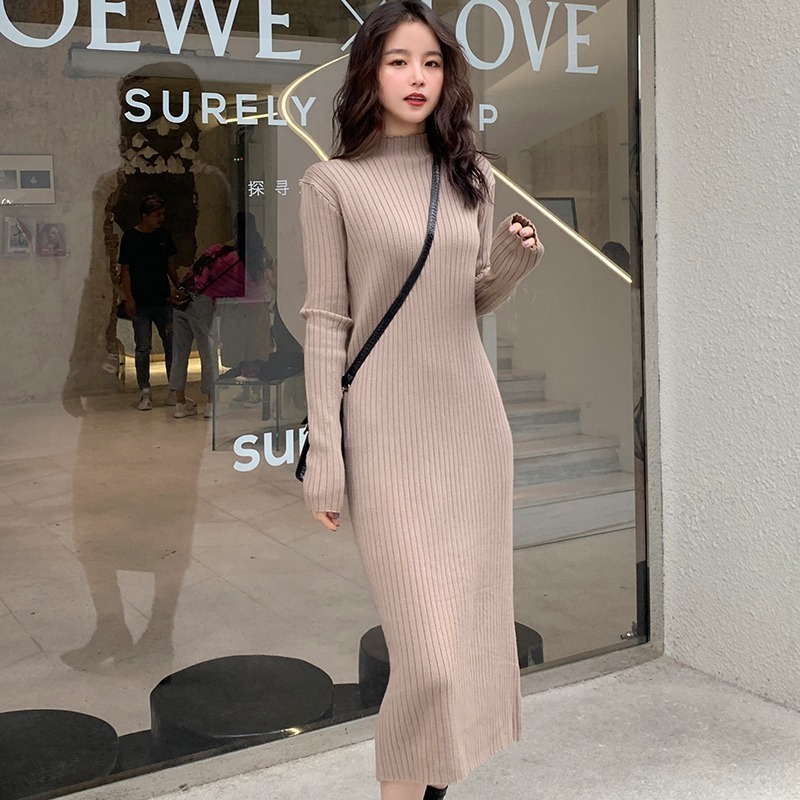 Autumn Elegant Mid-calf Dress Long Half Turtleneck Women Winter Knitted Jumper Solid Wool Korean Clothes Chic 11952 210510