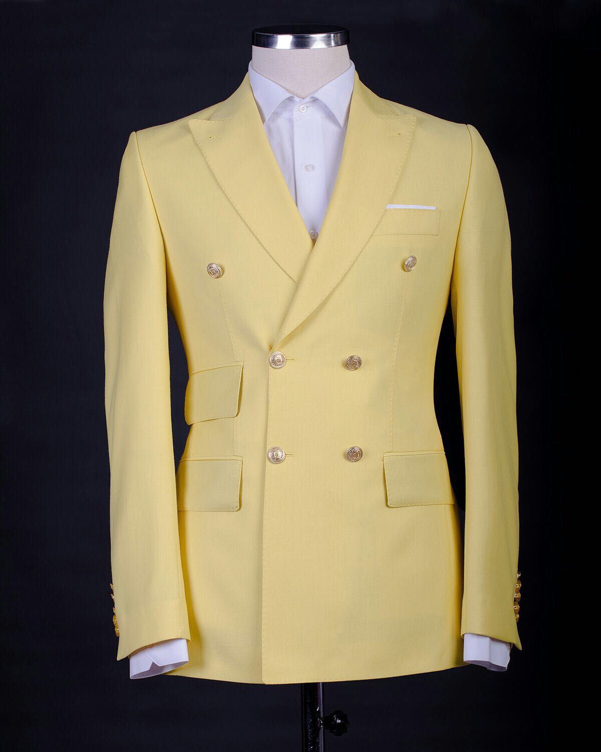 Business Mens Tuxedos Yellow Groom Double Breasted Wedding Blazer Suits Formal Prom Party Pants Coat(Jacket+Pants)
