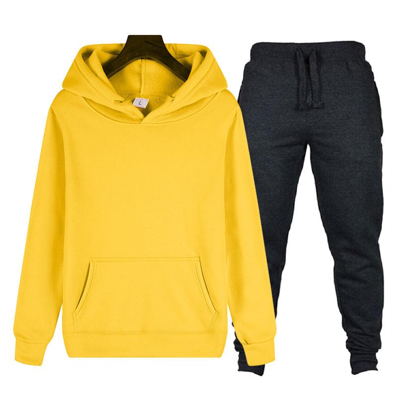 Spring And Autumn Men's Casual Sports Suit Lace Hoodie Pocket + Tie Rope Fashion Pants Two-piece Solid Color Streetwear Tracksuits