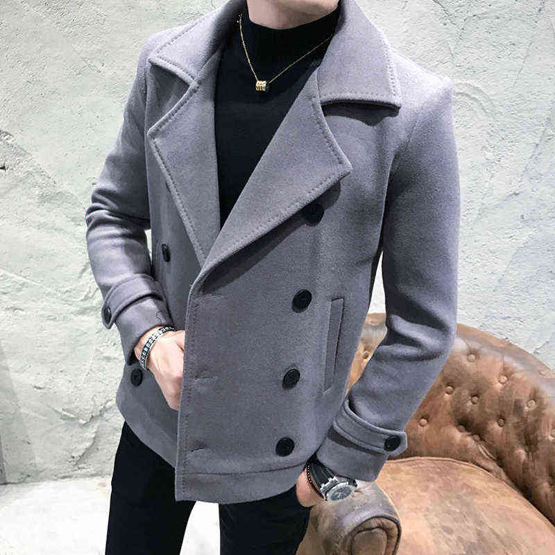 Autumn Winter Solid Color Overcoat Woolen Coat Red Black Smart Casual Mens Wool Coat Coats Jackets Slim Fit Mens Pea Coat 211122