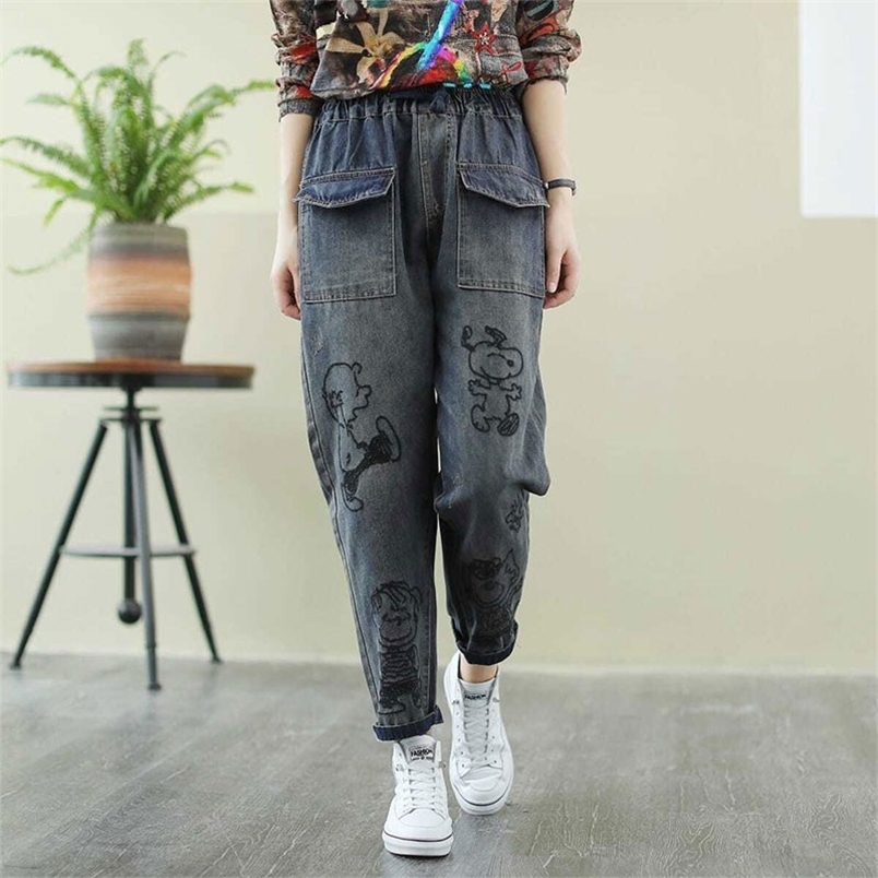 Autumn Arts Style Women Elastic Waist Loose Denim Harem Pants Double Pocket Cartoon Embroidery Casual Jeans M336 210512