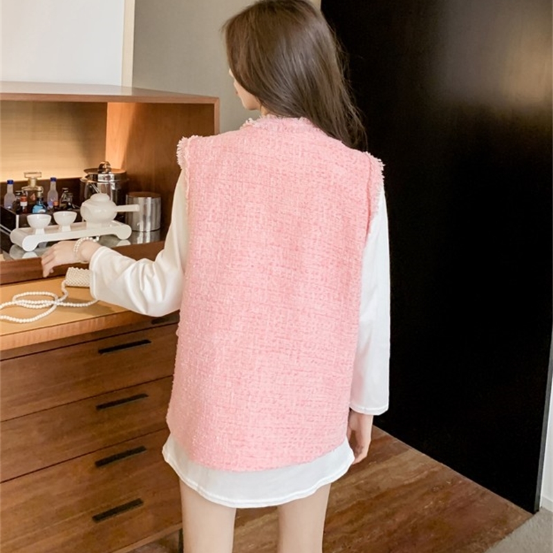 Spring Pink Tweed Vest Women's Fashion Cardigan Retro Solid Sleeveless Single Breasted Casual Tassel Coat 210519