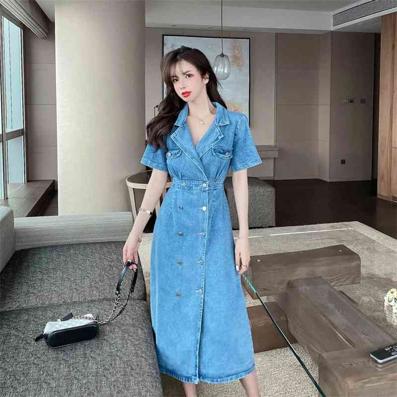 Fashion Korean Style Solid Summer Denim Dresses Women Sslim Waist Short Sleeves Sexy Backless Clothing 210520