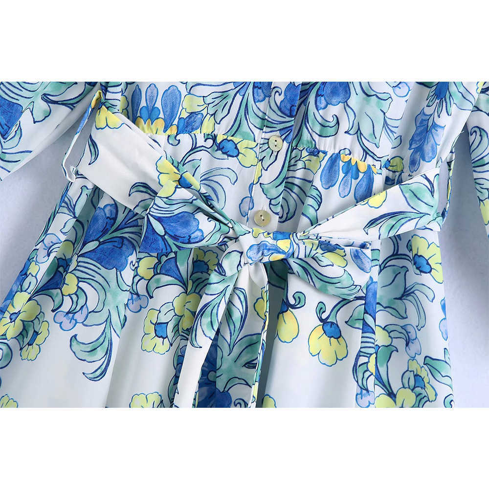 Summer Floral Shirt Dress Women Belted Vintage Casual Fashion Chic Lady Midi Dress Women 210709