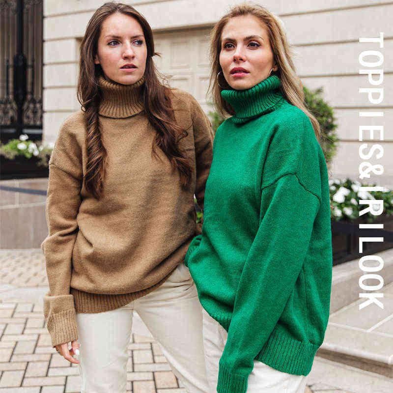 Toppies Autumn Winter women fashion Sweater 15% wool Green turtleneck sweater Knitted Tops Korean Winter Clothes 211109