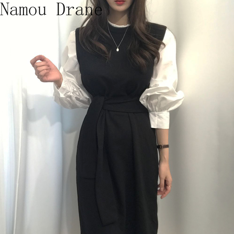 Women Puff Sleeve Long Shirt Dress with Belt O-neck Loose Solid Color Korean Style Elegant Ladies Fake-two Piece Set 210429, Black
Women Puff Sleeve Long Shirt Dress with Belt O-neck Loose Solid Color Korean Style Elegant Ladies Fake-two Piece Set 210429, Black