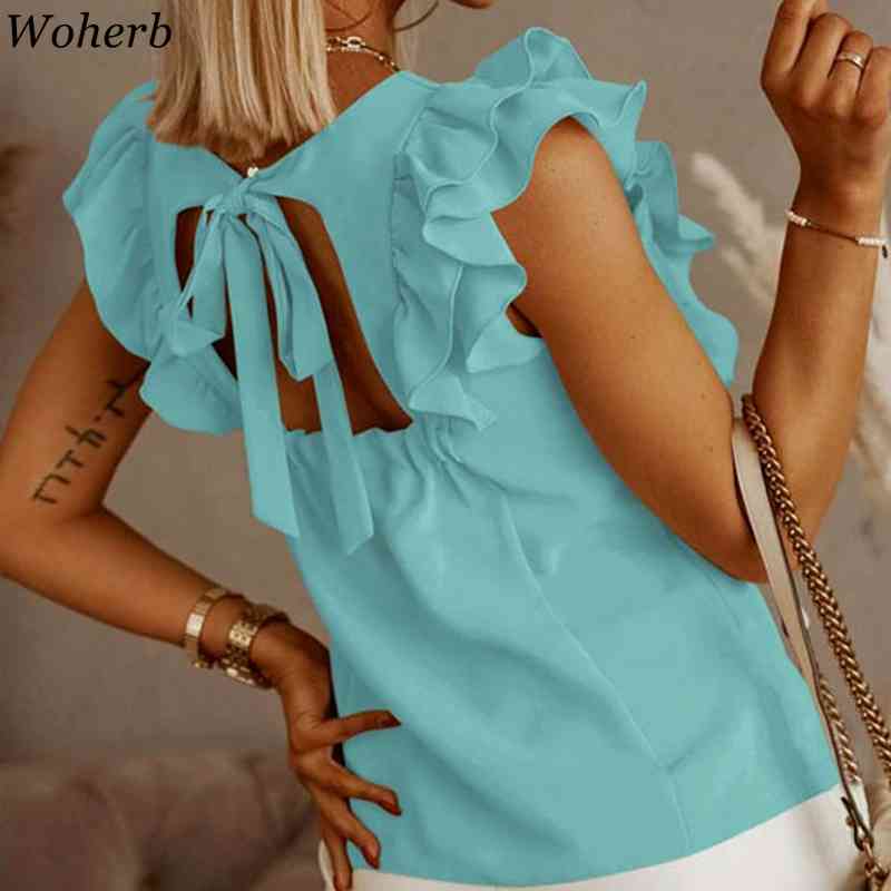 Ruffles Blouse Women Elegant Summer Chic Ladies Tops Fashion Solid Sexy Female Blusas Casual All Match Sweet Shirt 210519
