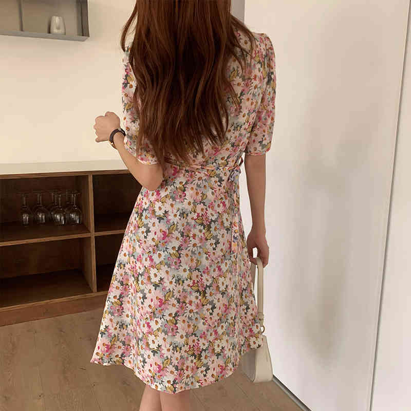 Neploe Women Short Sleeve Dress Print V Neck Female Elegant Chiffon High Waist A-line Dresses Korean Fashion Vintage Vestidos 210422