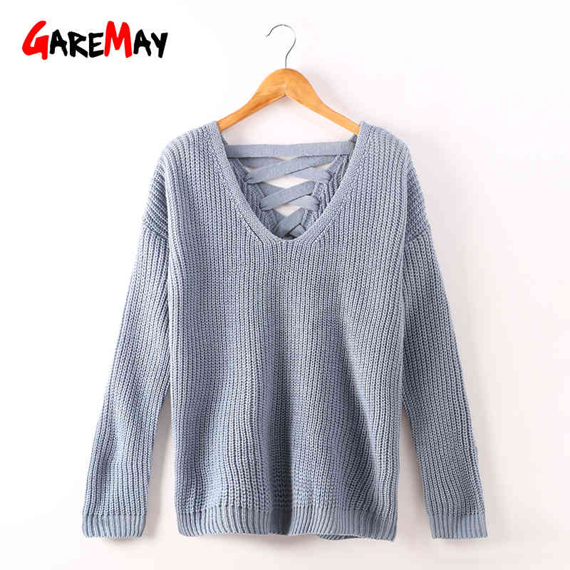 Knitted Sweater Women Autumn Fall Fashion Backless V Neck Jumpers Ladies s Wine Red Female Pullover 210428