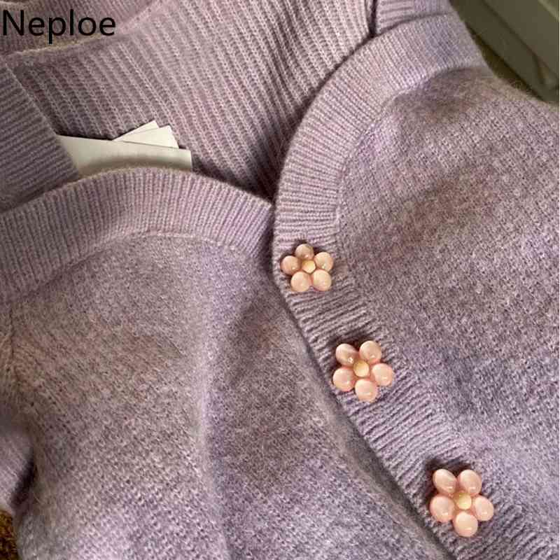 Neploe Cropped Knitted Tops Women Floral Buckle Short Sleeve Soft Loose Cardigan Sweaters Square Collar Vintage Summer Suter 210422