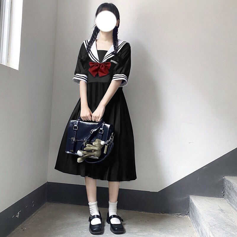 Harajuku Sailor Collar Navy Dress Japanese Lolita Sweet Bow-knot Girl Retro Kawaii Preppy Style Short Sleeve Women 210623