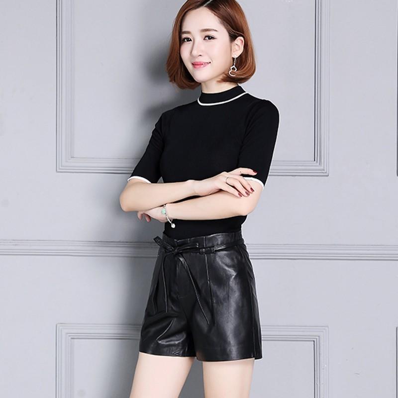 Office Lady Punk Style Female Shorts Genuine Leather Streetwear Casual High Waist Drawstring Trousers Sheepskin Autumn Woman Women's