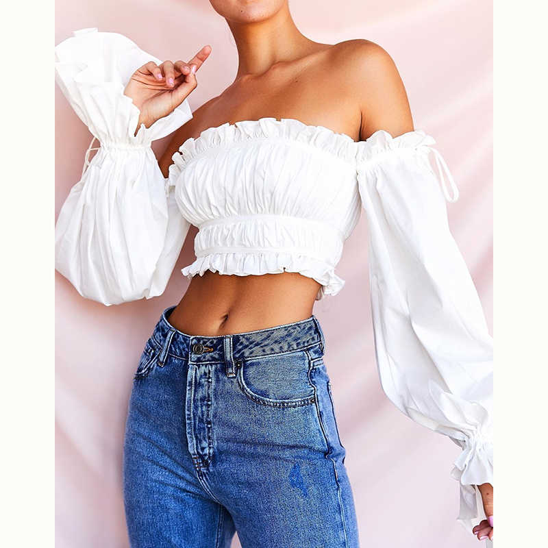 Colysmo White Ruched Blusas Women Sweet Off Shoulder Ruffles Butterfly Sleeve Vintage Tops Sexy Summer Chiffon Crop Top 210527