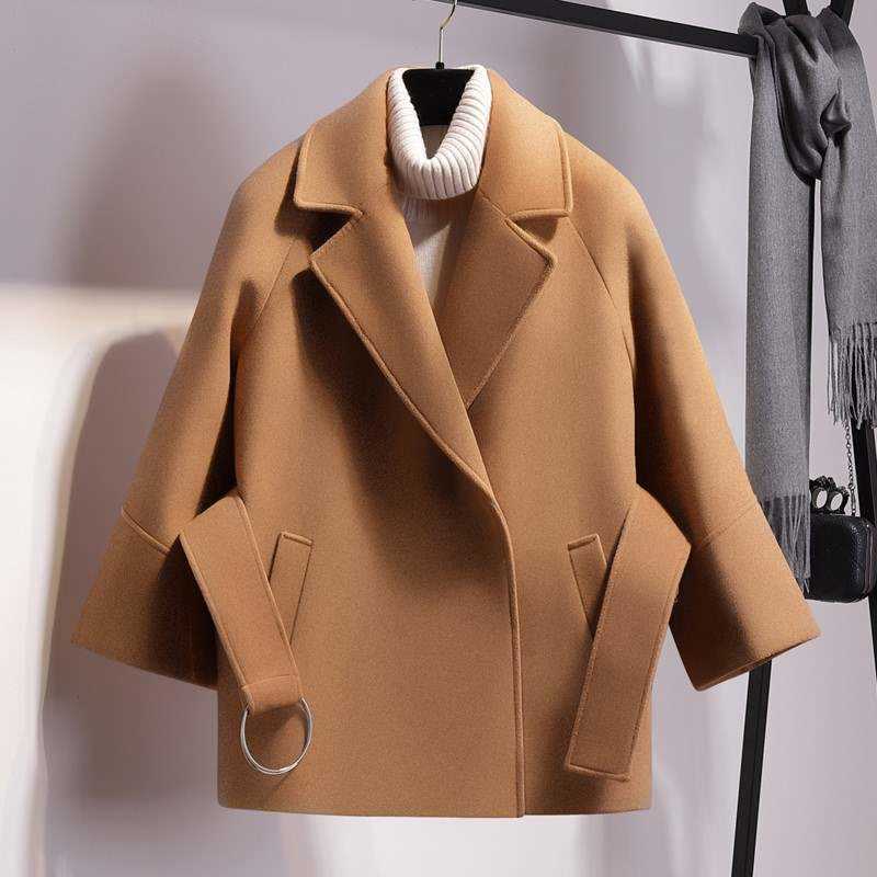 Ly Varey Lin Women Short Woolen Coat Belt Jacket Turn-down Collar Casual Loose Trench Coats Female Plus Size Outerwear 210526