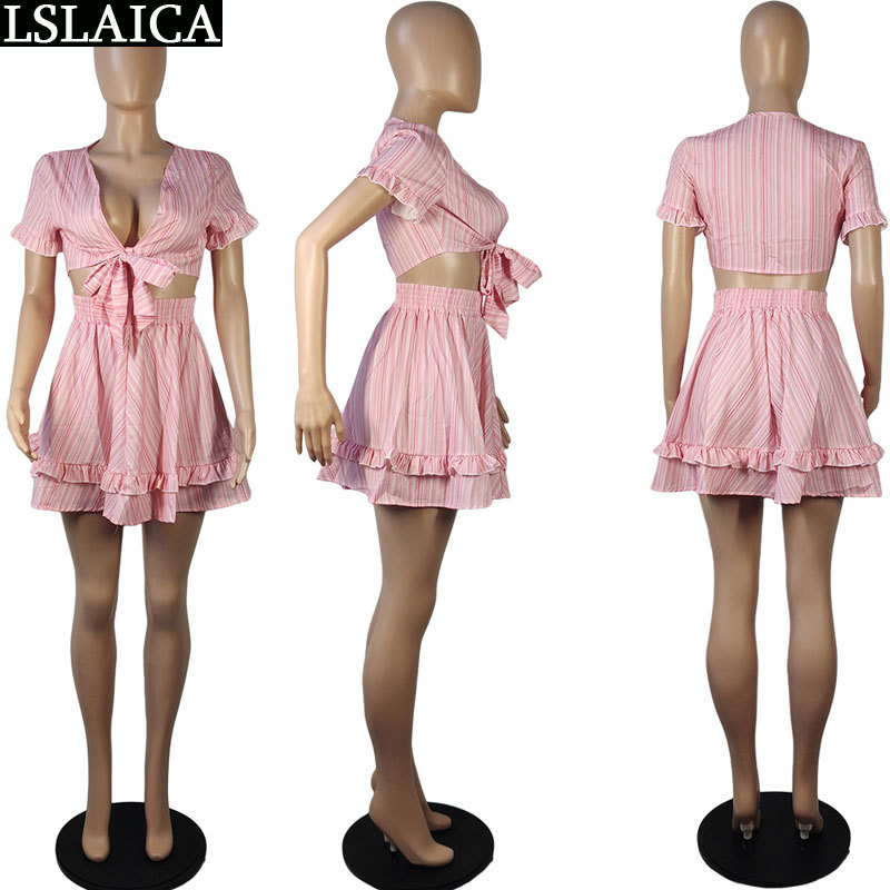 Two Piece Set Top And Skirt Crop Women Short Sleeve Ruffle V Neck Fashion Striped Sweet Beach Holiday 210515