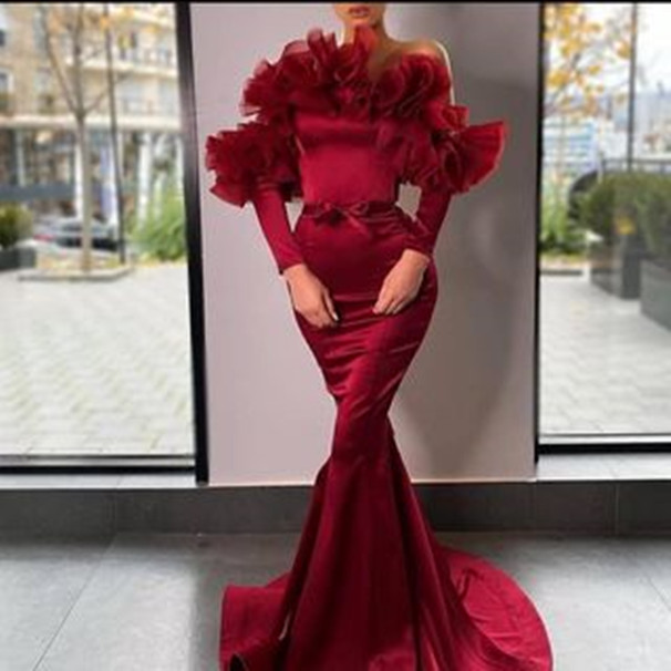 Plus Size Arabic Aso Ebi Stylish Mermaid Sexy Prom Dresses Simple Satin Long Sleeves Evening Formal Party Second Reception Gowns Dress ZJ366