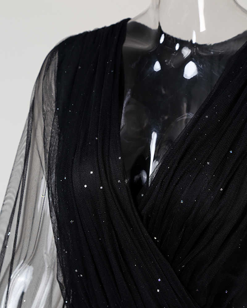 Women Fashion Sheer Mesh Long Sleeve Jumpsuits Outfit V Neck Glitter Ruched Wrap Jumpsuit 210716