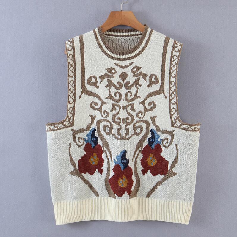 Spring Ethnic Geometric Totem Knitted Sweater Vest Preppy Style Korean Clothes Cool Girl Sleeveless Jumper Y2K Knitwear 210429