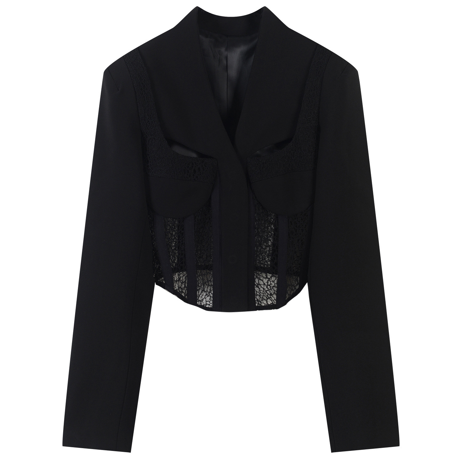 [DEAT] Nothed Collar Hollow Out Lace Patchwork Fishbone Waist Pockets Long Sleeve Black Suit Jacket For Women Spring GX427 210428
