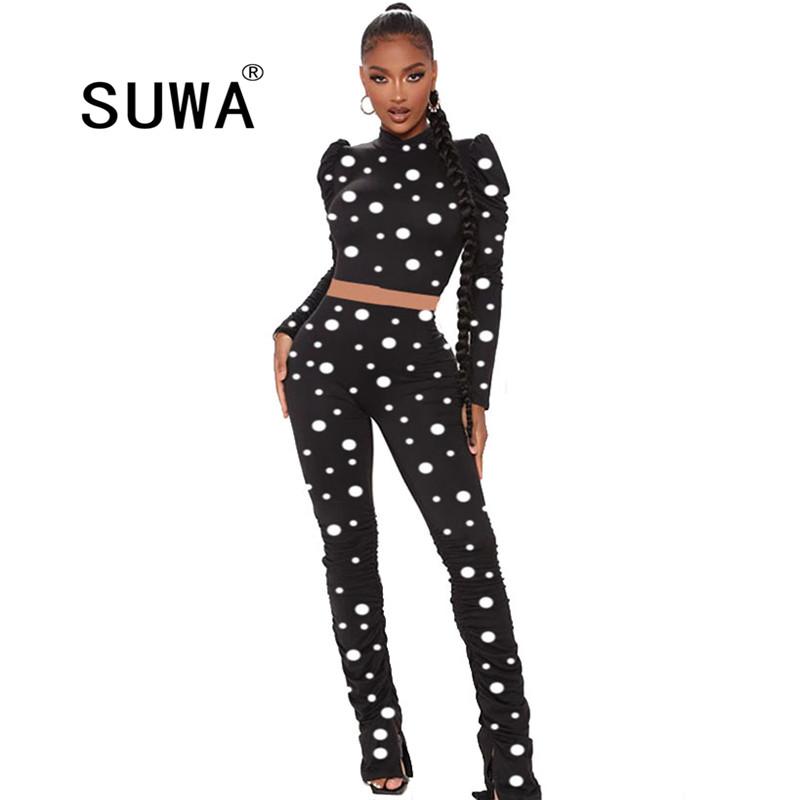 Black White Dot Printed Elegant Work Wear Women Two Piece Outfits Long Sleeve Slim-Fit Crop Top Tunic High Waisted Pants Sets Women's Tracks