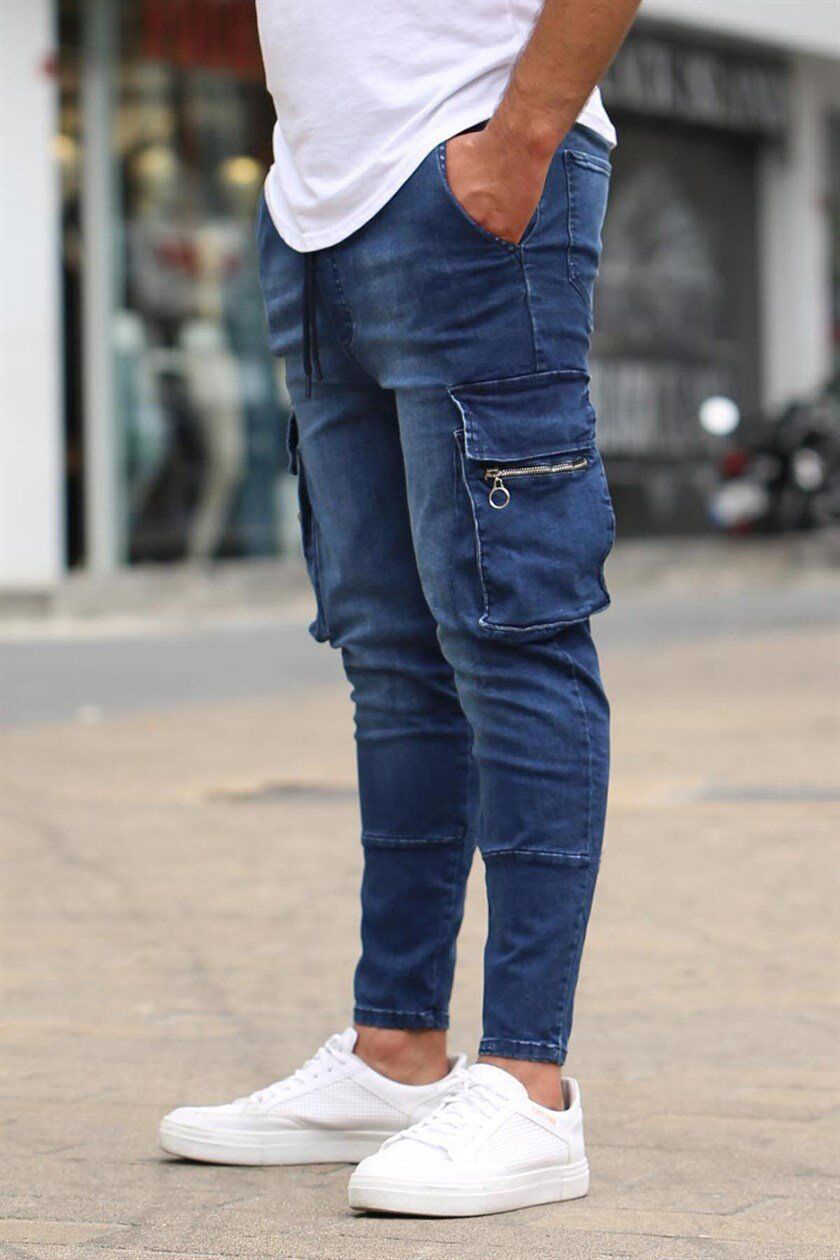 New Style Men's Slim Jeans Zipper Multi-pocket Pencil Pants Jeans Black and Blue High Quality Jogger Brand Elastic Force Jeans X0621