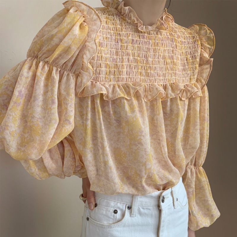 Nomikuma Chic Ruffled Collar Women Shirt Korean Floral Causal Blouse Tops Spring New Puff Sleeve Blusas Mujer De Moda 6F557 210427