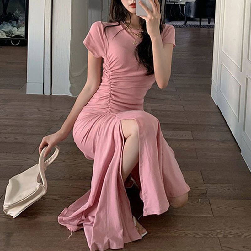 Elegant Vintage Dress French Solid O-Neck Shirring Slim Midi Dress Office Lady Korea Style Casual Thin Women Dresses Summer 210521