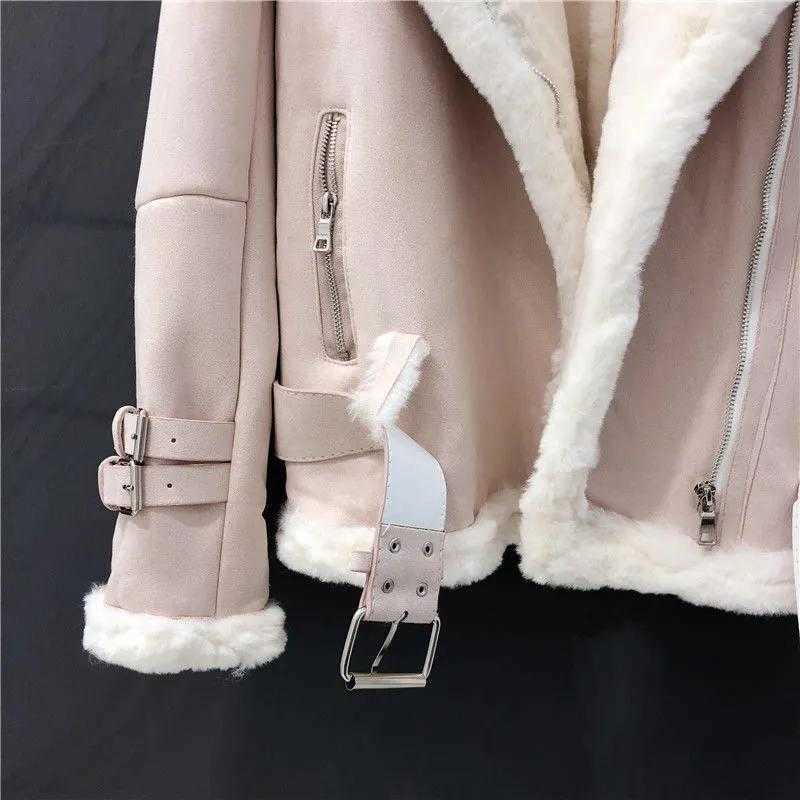 Women Winter Suede Lamb Cold Days Coat Thick Warm Jacket Short Motorcycle Belt Tops Wool Sheepskin Outwear Loose Korea 211019