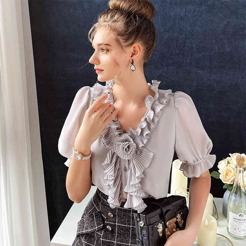 Dabuwawa Exclusive Ruffle V-Neck Chiffon Blouse Women Tie Flower Front Puff Short Sleeve Casual Shirts Tops Women DO1BCF002 210520